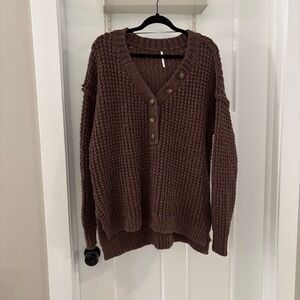 Free People Whistle Thermal Henley Top Button Up Brown Chunky Knit Sweater Small
